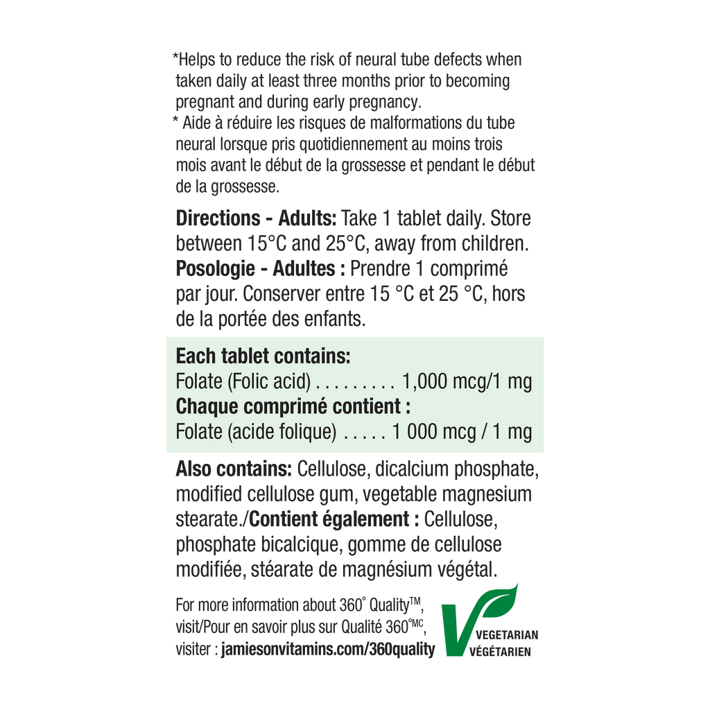 Jamieson Folic Acid 1,000 mcg - Essential Prenatal Vitamin for Conception and Healthy Pregnancy Support