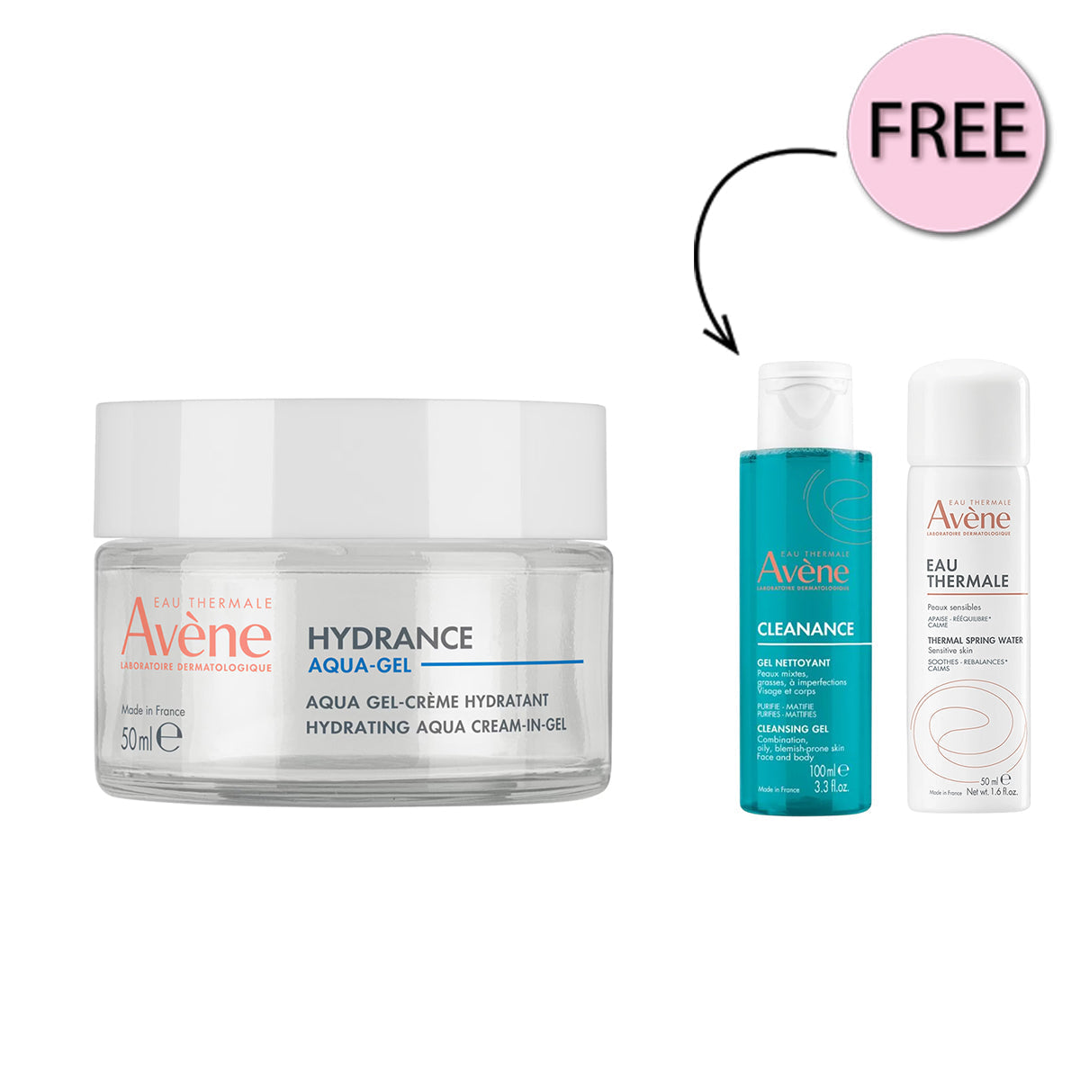 Avene Hydrance Aqua Gel 50ml + Free Cleanance Gel nettoyant 100 ml + Free Thermal Spring Water 50ml