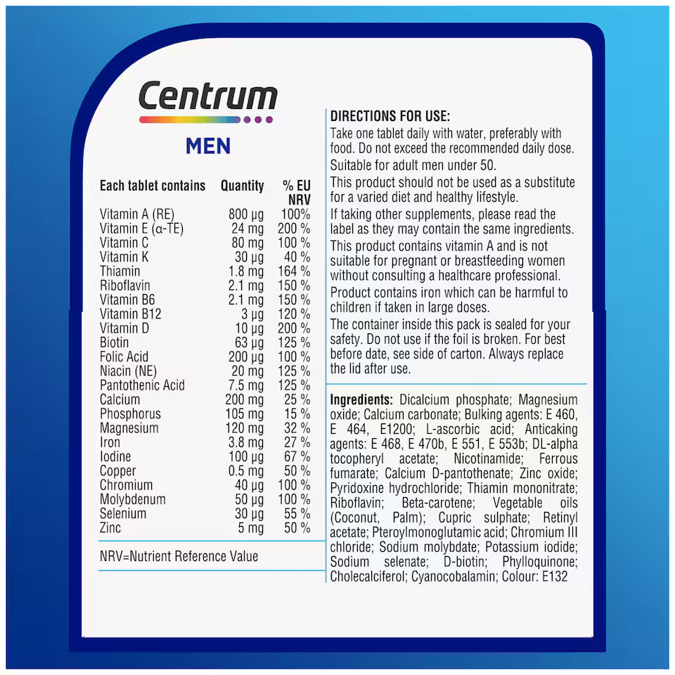 Centrum Men Multivitamin – 30 & 100 Tablets for Daily Energy & Muscle Health