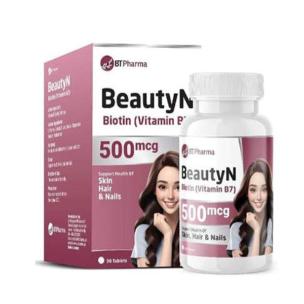 Bt Pharma BeautyN biotin 500mcg tablets 30 pack hair skin nails support vitamin B7 supplement Health Boutique
