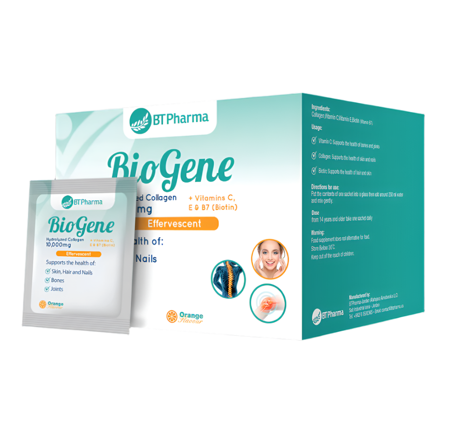 Bt Pharma Biogene collagen 10000mg effervescent sachets vitamin C E biotin skin hair nails supplement Health Boutique