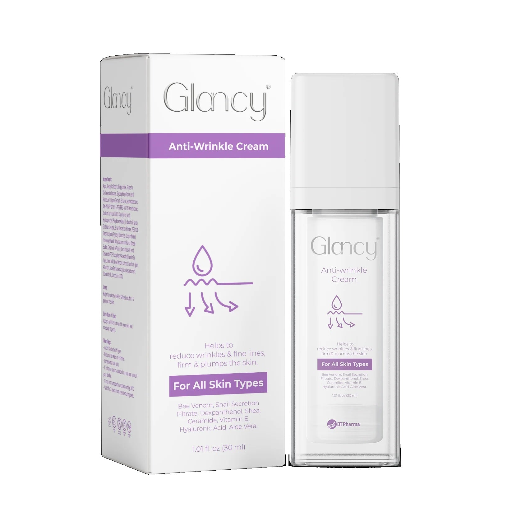Bt Pharma Glancy anti wrinkle cream 30ml bee venom snail mucin hyaluronic acid anti aging skincare Health Boutique