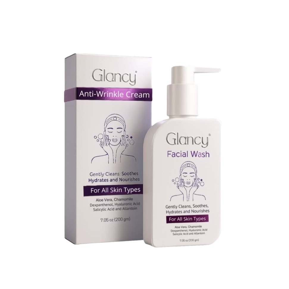 Bt Pharma Glancy facial wash 200ml salicylic acid hyaluronic acid aloe vera chamomile vitamin B5 gentle cleanser acne control Health Boutique