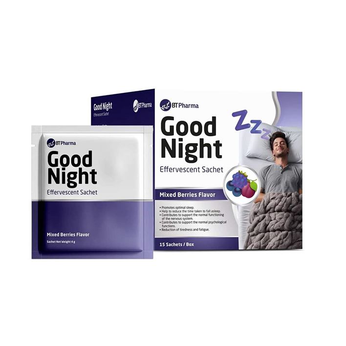 Bt Pharma Good Night melatonin 5mg GABA L-theanine magnesium citrate effervescent sleep sachets relaxation formula Health Boutique