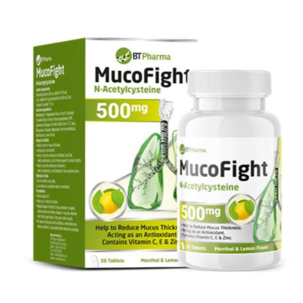 Bt Pharma Mucofight 500mg acetylcysteine tablets 30 pack mucolytic mucus relief respiratory support Health Boutique