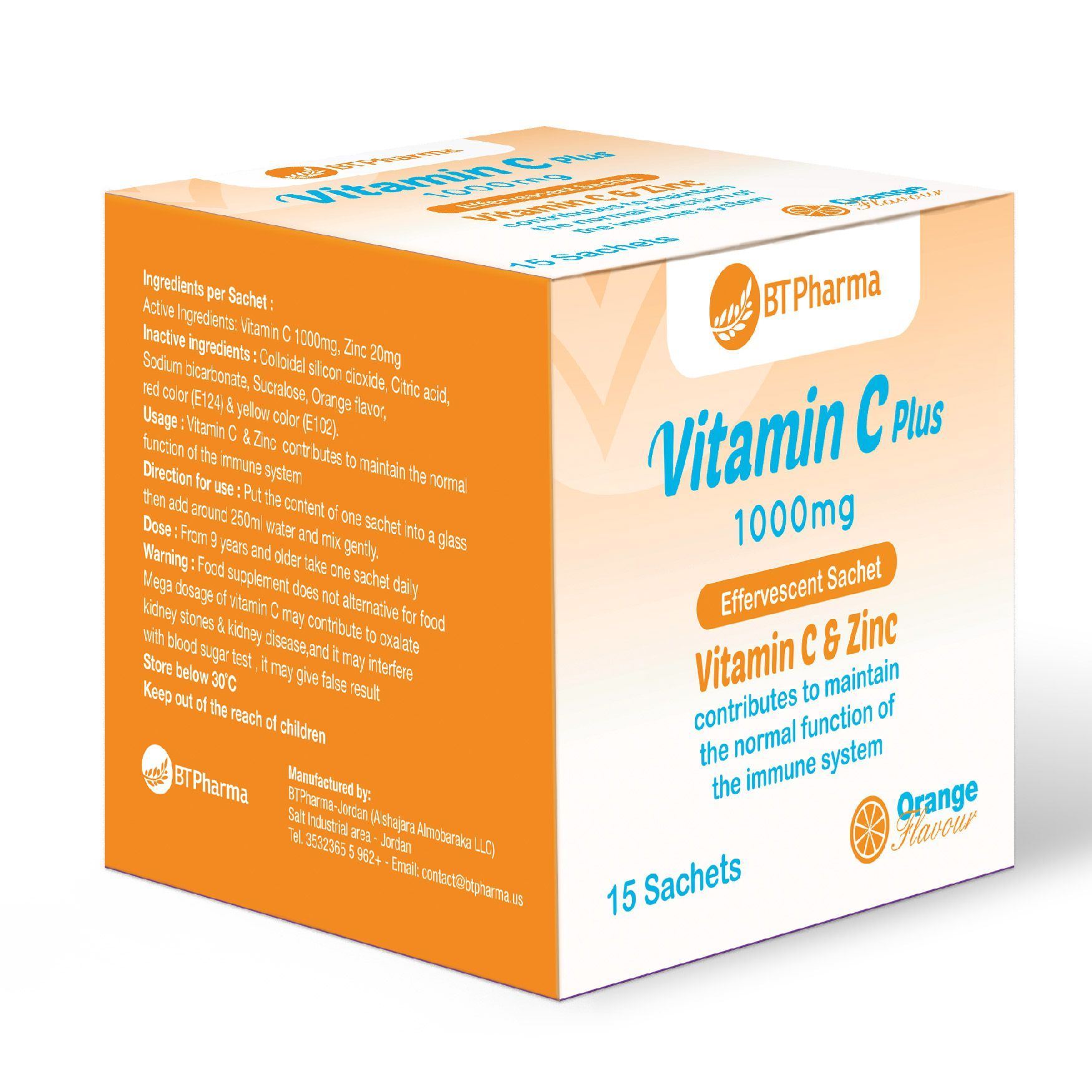 Bt Pharma vitamin C 1000mg zinc 15 sachets immune support drink powder antioxidant supplement Health Boutique