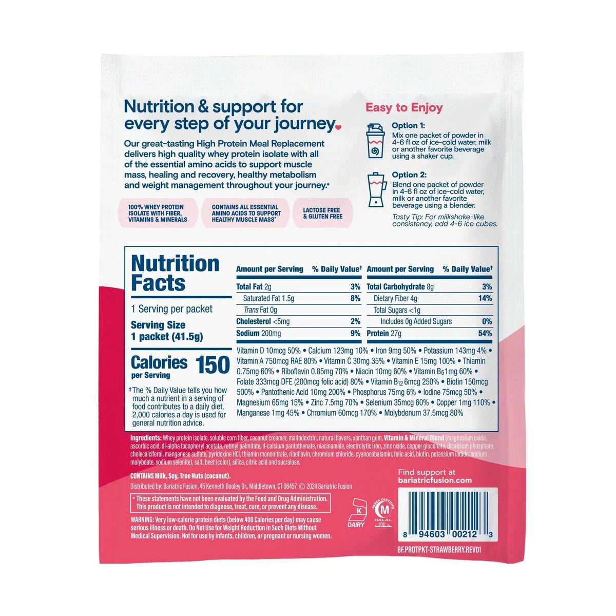 Bariatric Fusion Strawberry High Protein Meal Replacement 41.5 oz with 27 g protein Health Boutique