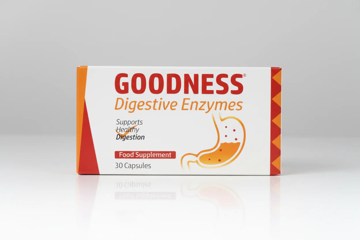 Goodness digestive enzymes capsules 30 protease amylase lipase lactase gut digestion support supplement Health Boutique