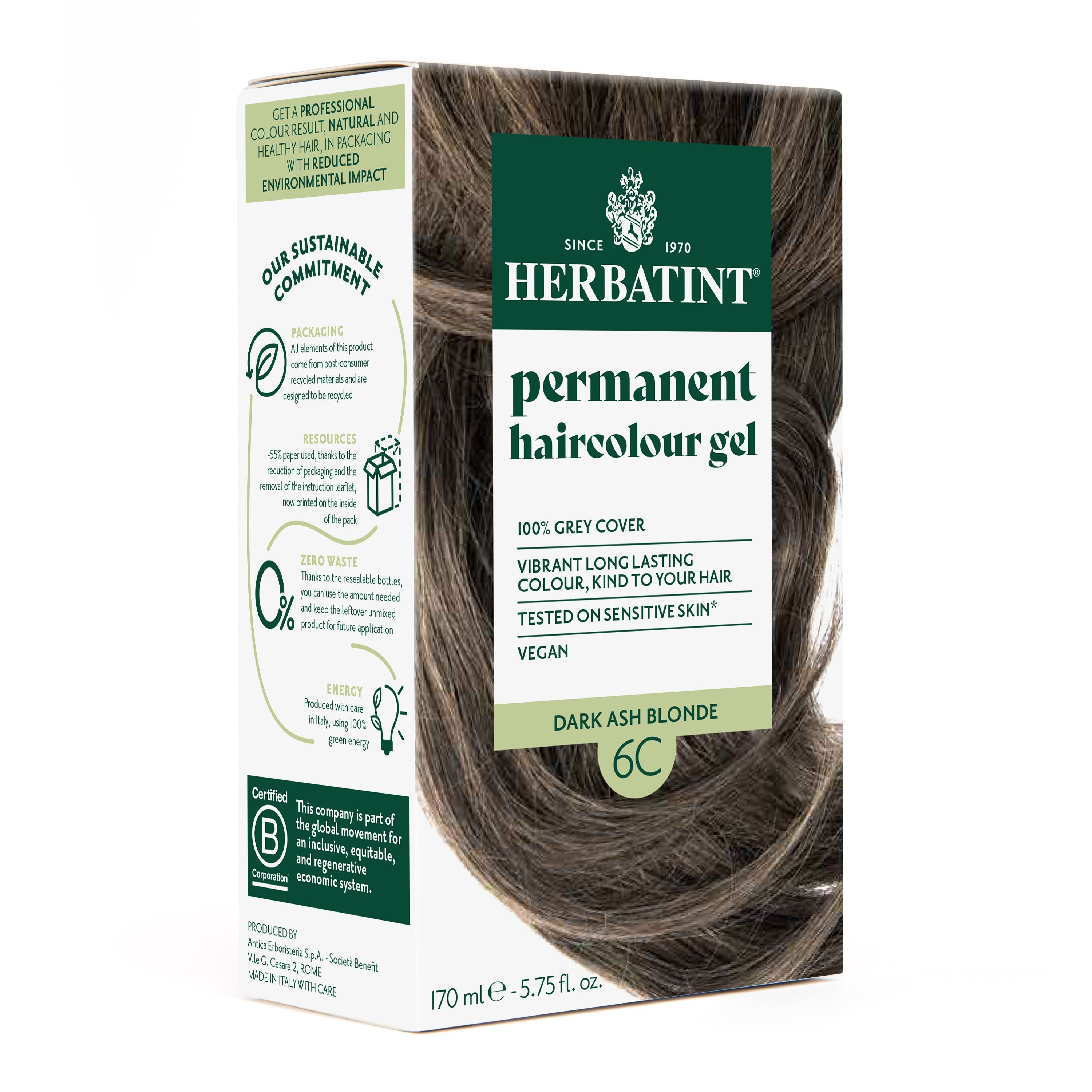 Herbatint 6C dark ash blonde ammonia-free permanent hair dye gel 170ml botanical formula grey coverage Health Boutique