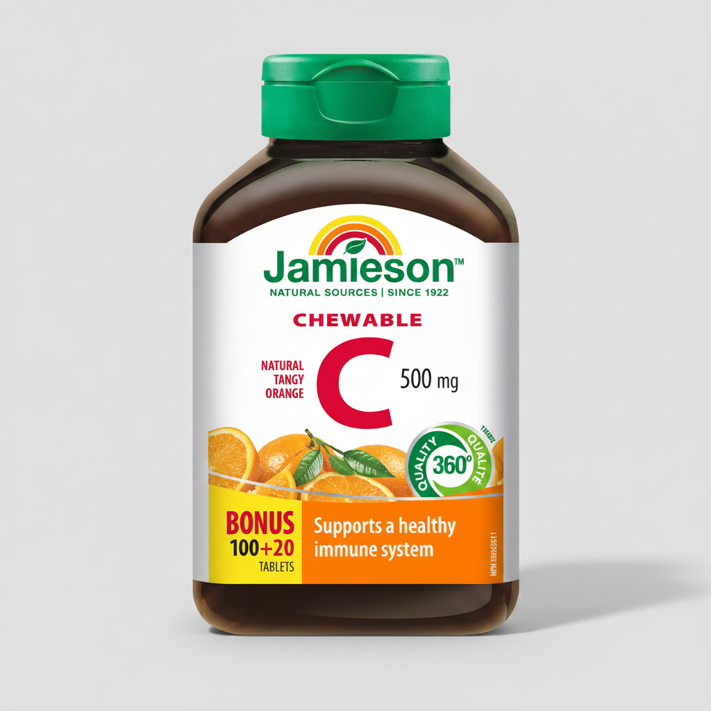 Jamieson chewable vitamin C tablets immune support antioxidant collagen skin health tasty supplement Health Boutique