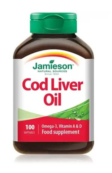 Jamieson cod liver oil capsules omega 3 EPA DHA vitamin A D3 heart brain bone immune support 100 capsules Health Boutique