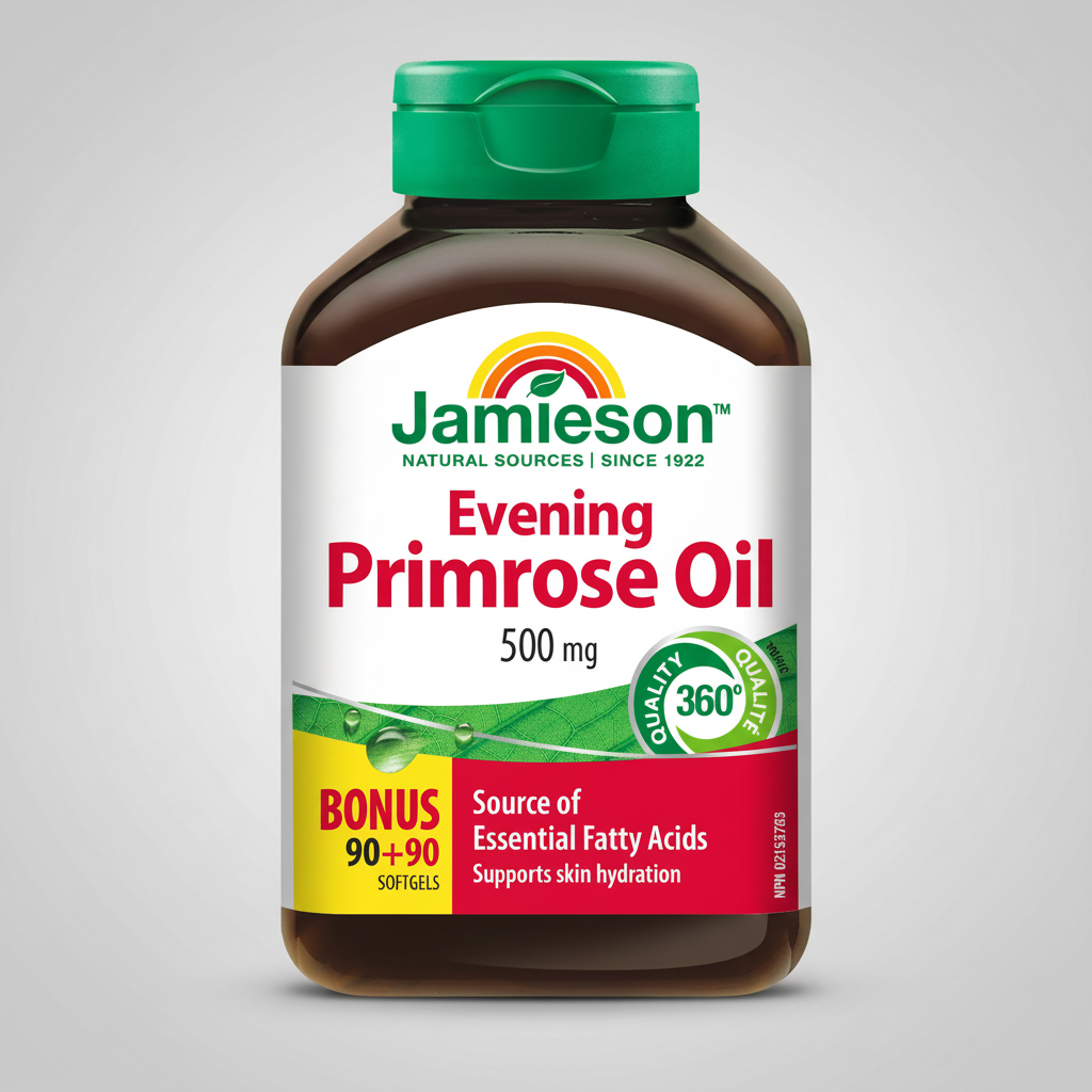 Jamieson evening primrose oil 500mg capsules GLA omega 6 skin hydration hormonal balance supplement Health Boutique