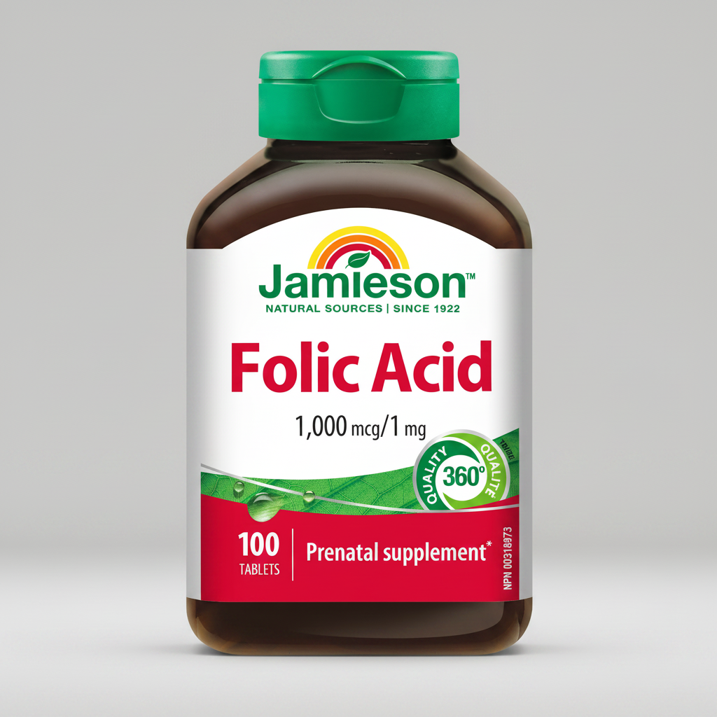 Jamieson folic acid 1000 mcg vitamin B9 supplement prenatal red blood cell DNA support Health Boutique