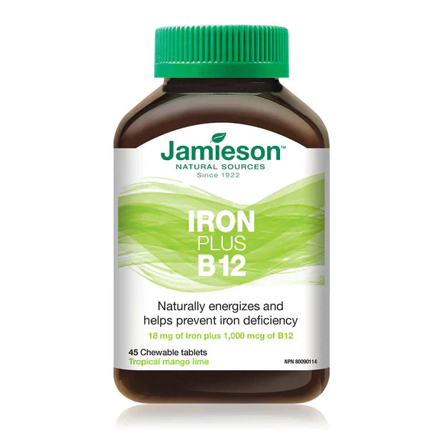 Jamieson iron plus B12 chewable tablets red blood cell energy fatigue support supplement 45 tablets Health Boutique