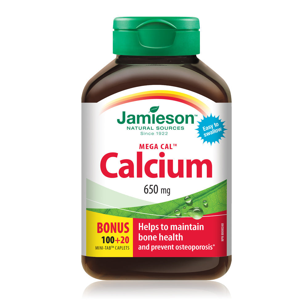 Jamieson Mega Cal calcium 650mg vitamin D3 supplement bone strength teeth health high potency Health Boutique