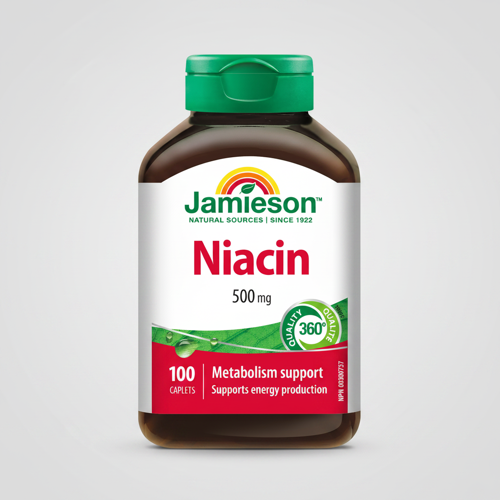 Jamieson niacin vitamin B3 500mg supplement energy metabolism skin cardiovascular support tablets Health Boutique