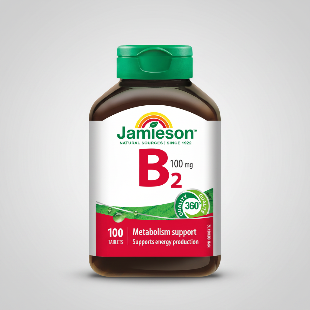 Jamieson vitamin B2 riboflavin 100 mg supplement energy metabolism skin eye health antioxidant support Health Boutique