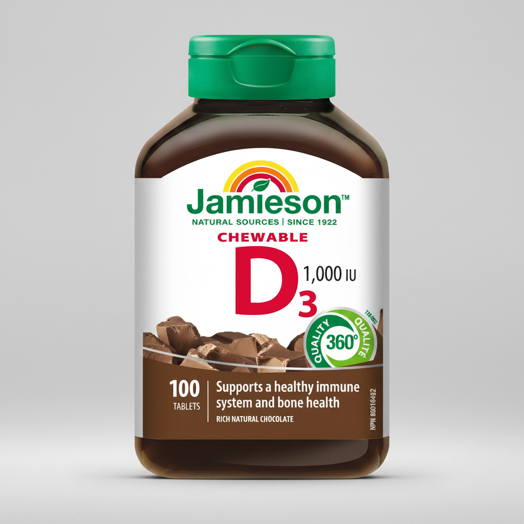 Jamieson vitamin D3 1000 IU chewables supplement bone immune calcium support tasty chewable tablets Health Boutique