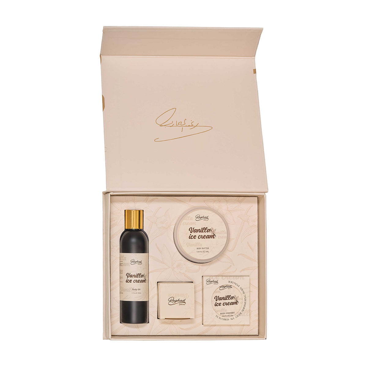 Raghad Vanilla Ice Cream Body Set hydrating body butter oil powder lip butter vanilla fragrance set Health Boutique