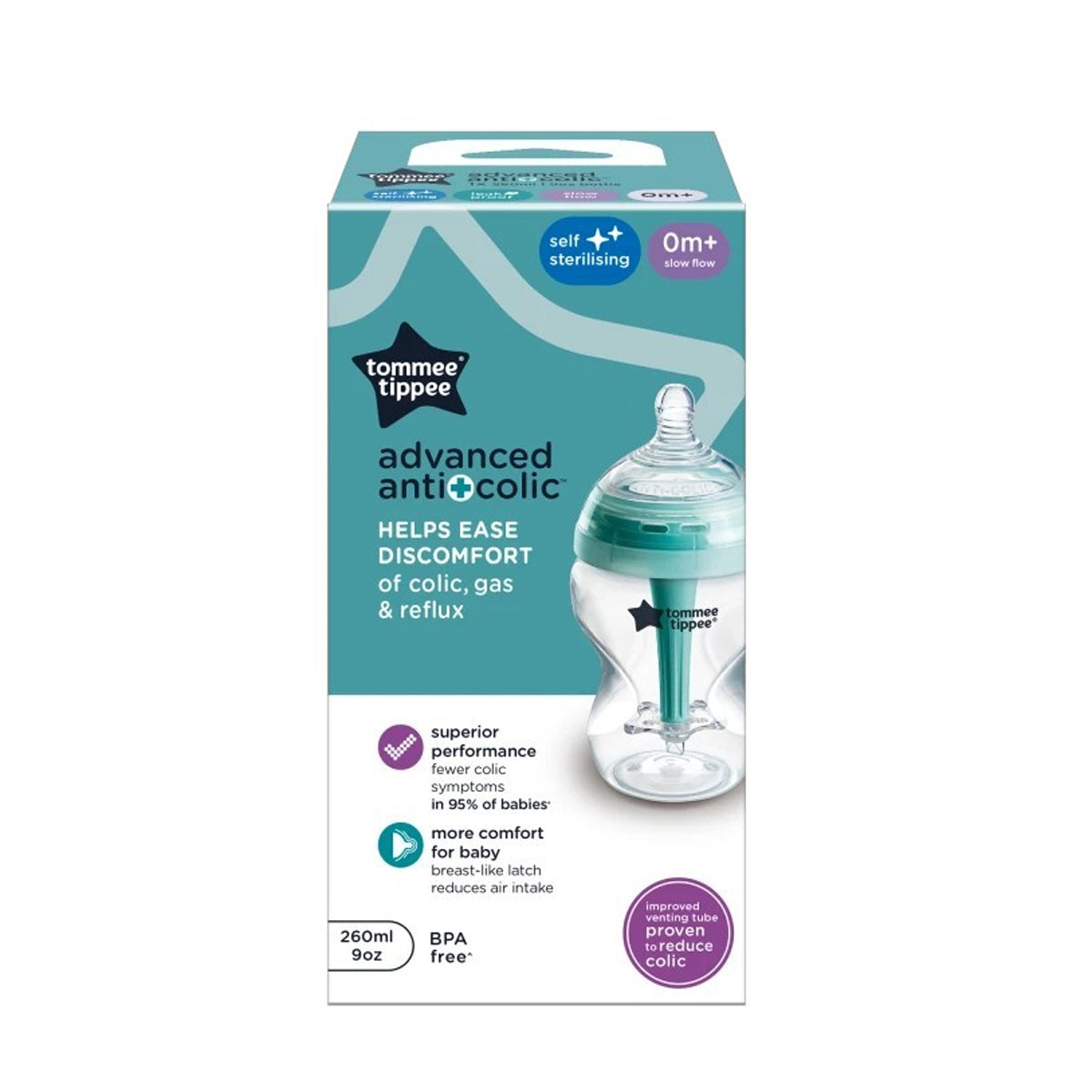Tommee Tippee Closer To Nature Advanced Anti-Colic Baby Bottle, Slow Flow, 260ml (9oz), BPA-Free